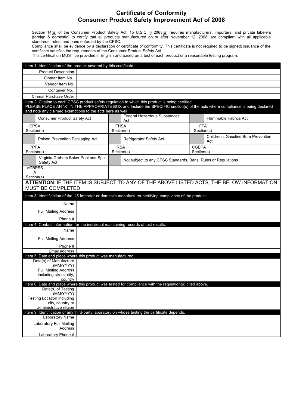 CPSIA Certificate of Conformity-Sample