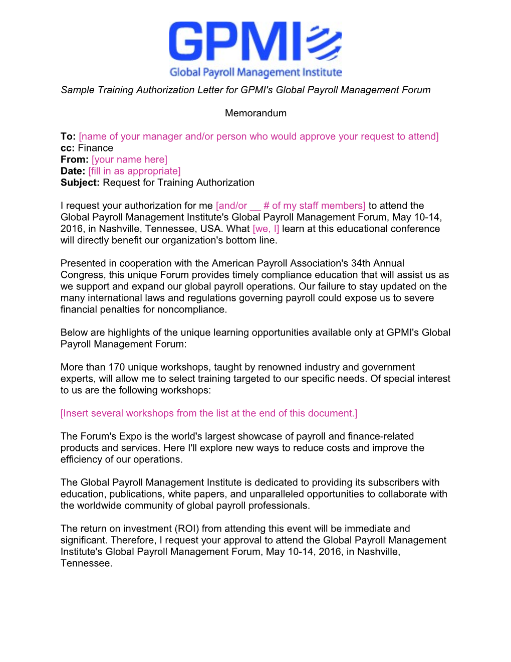 Sample Training Authorization Letter for GPMI's Global Payroll Management Forum