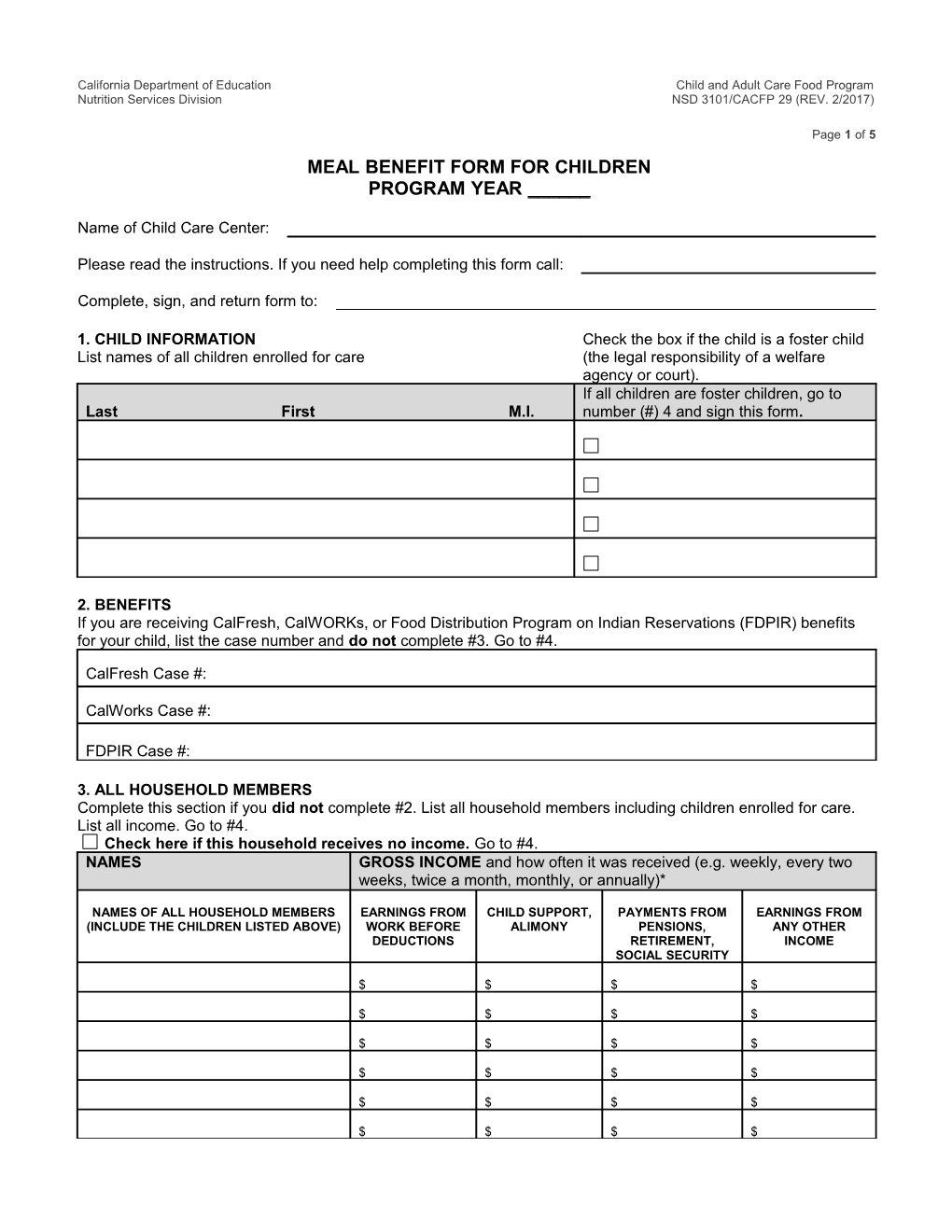 Child Care Center Meal Benefit Form - Child and Adult Care Food Program (CA Dept of Education)