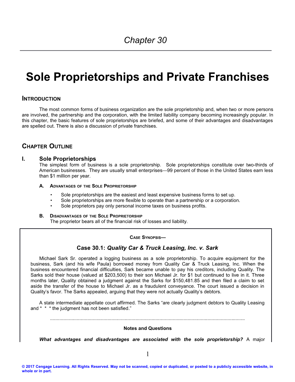 Sole Proprietorships and Private Franchises