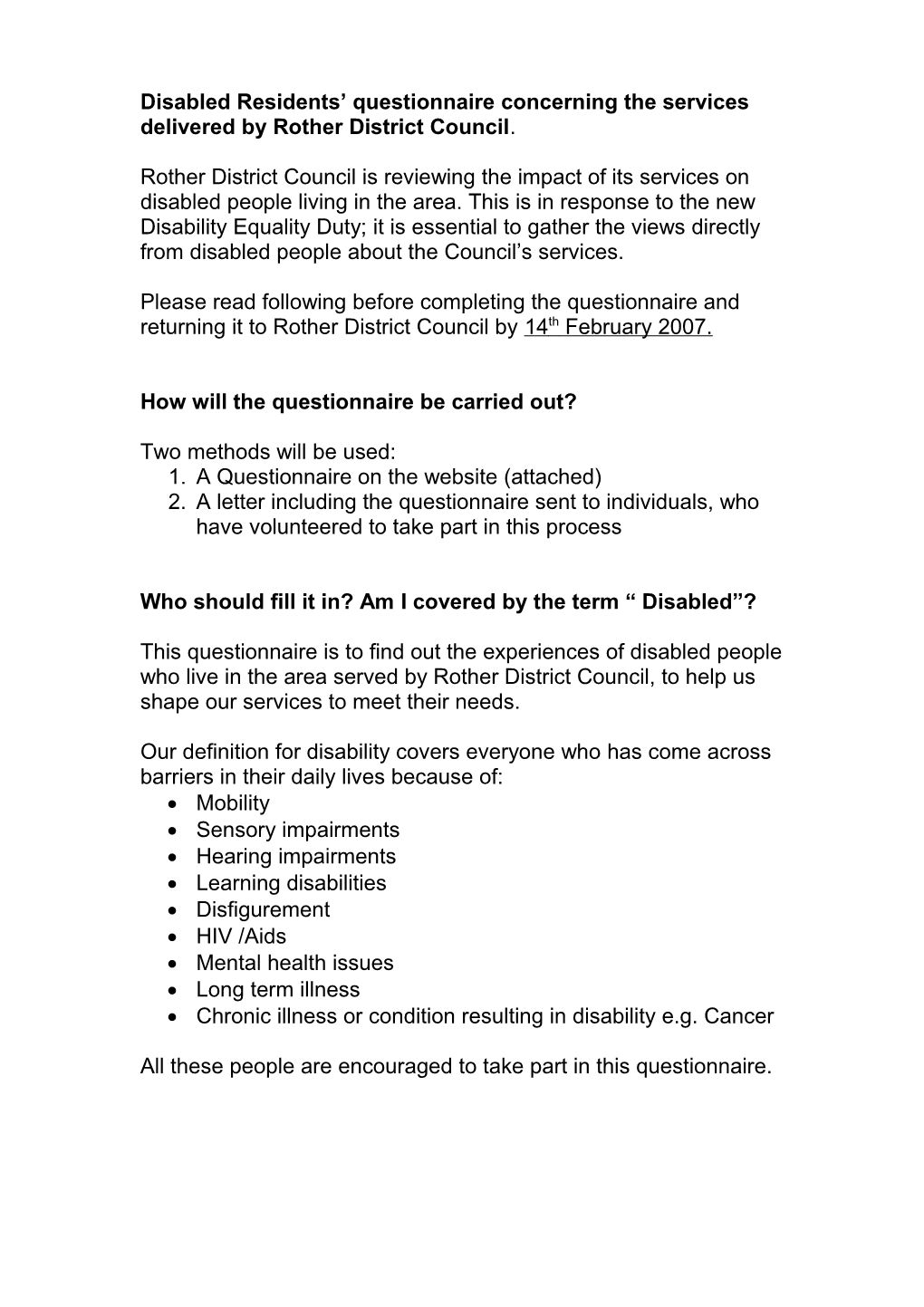 Questionnaire for Disabled Residents Concerning the Services Delivered by Rother District