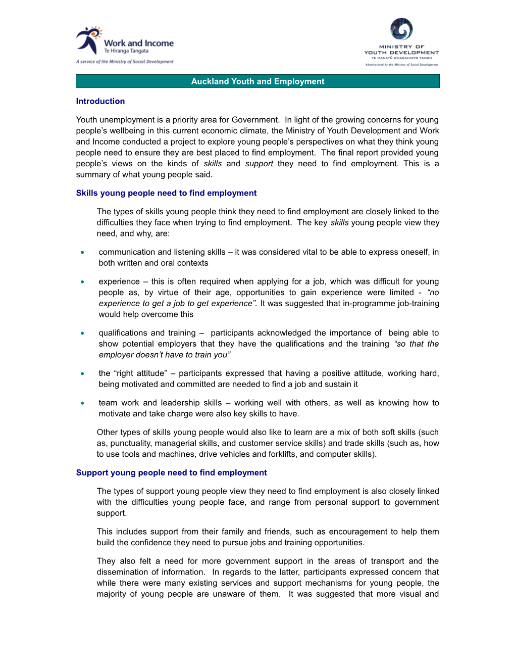 Auckland Youth and Employment: Summary of Findings