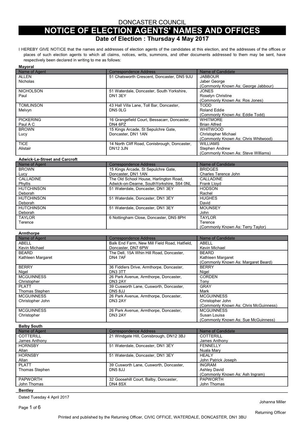 Notice of Election Agents' Names and Offices