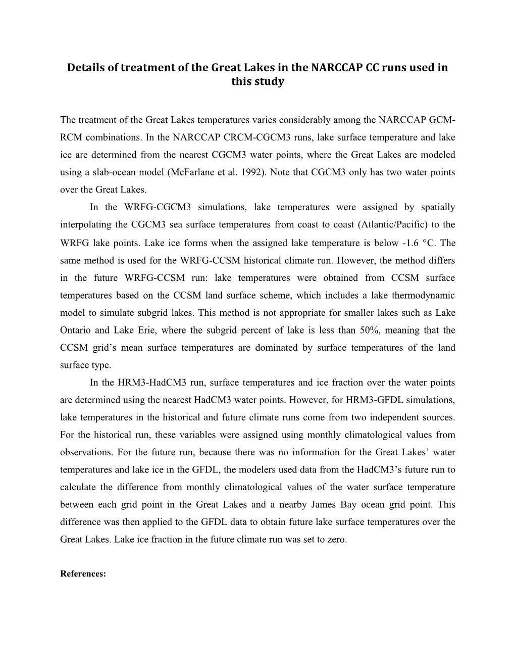 Details of Treatment of the Great Lakes in the NARCCAP CC Runs Used in This Study