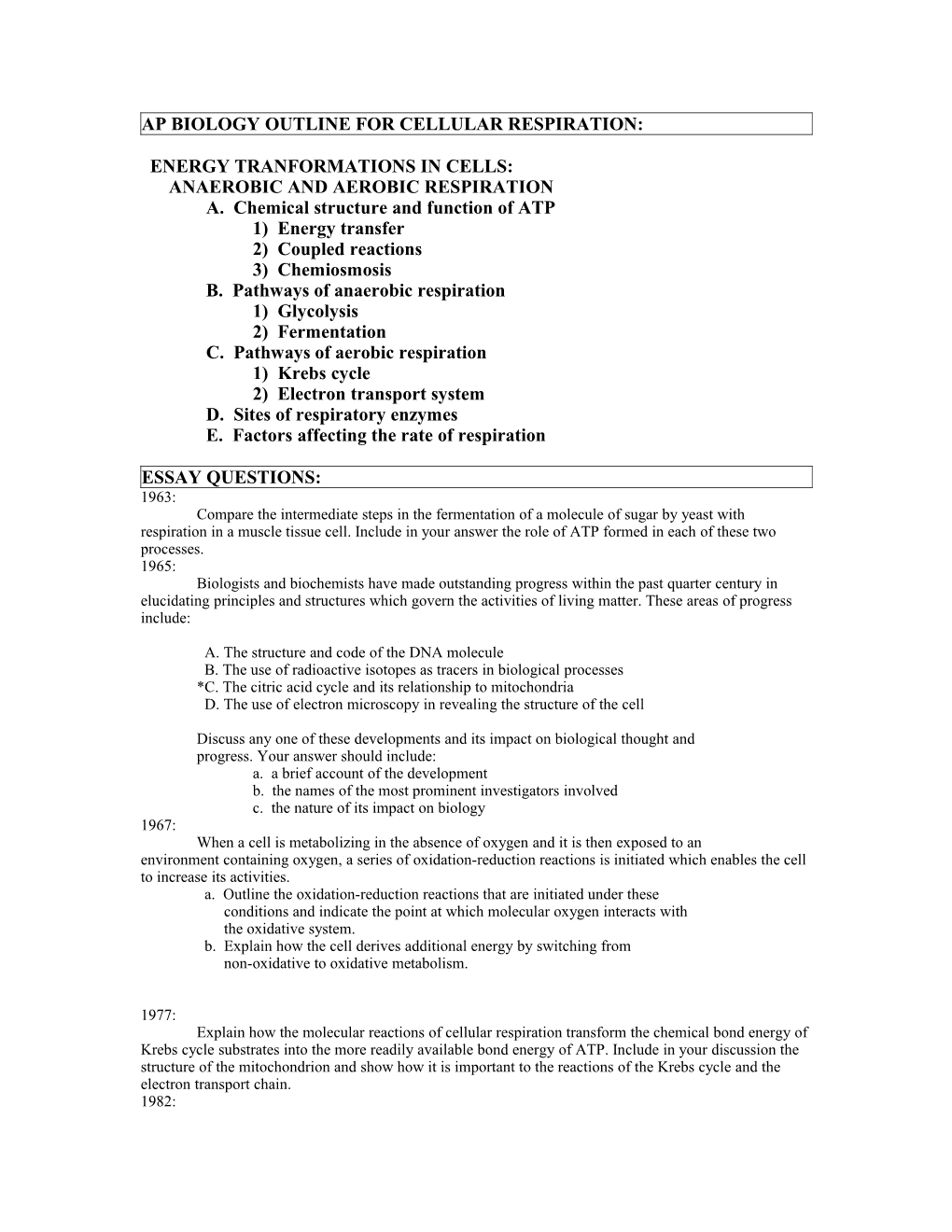 Ap Biology Outline for Cellular Respiration