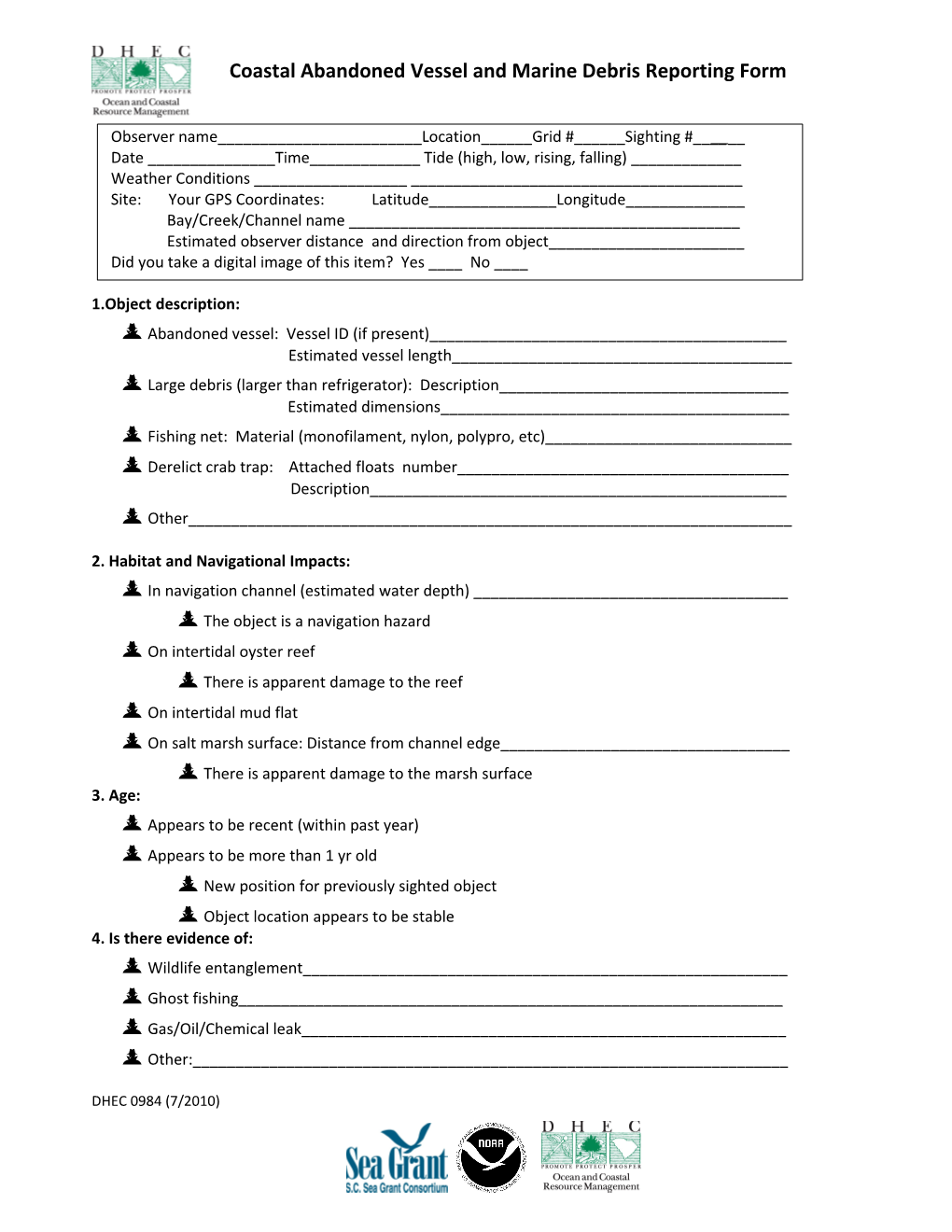 Coastal Abandoned Vessel and Marine Debris Reporting Form