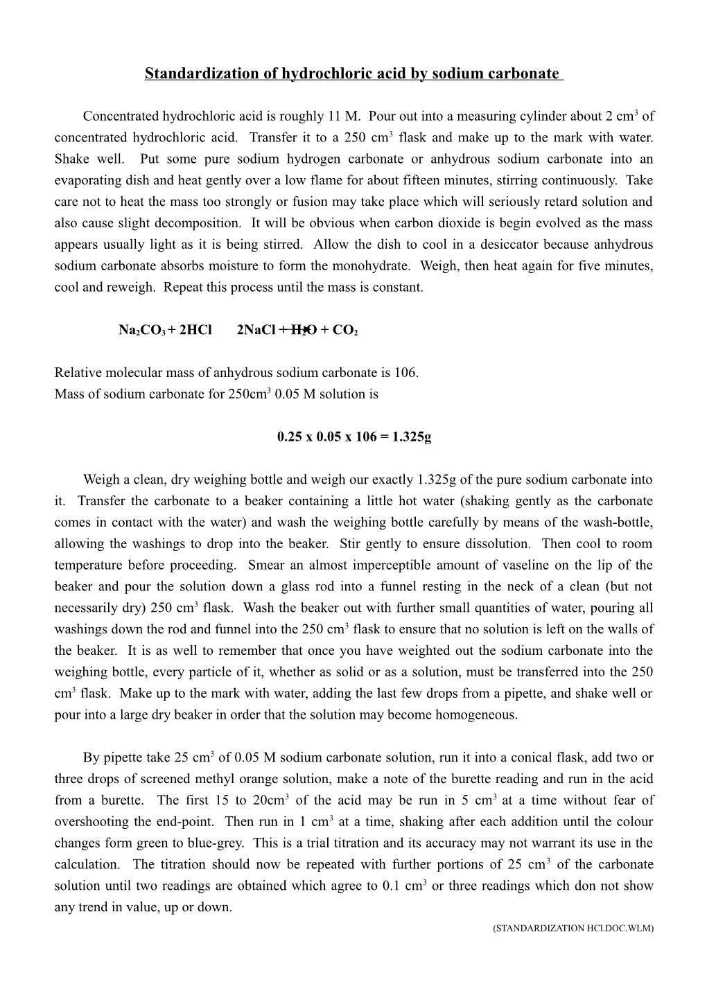 Standardization of Hydrochloric Acid by Sodium Carbonate Experiment 18