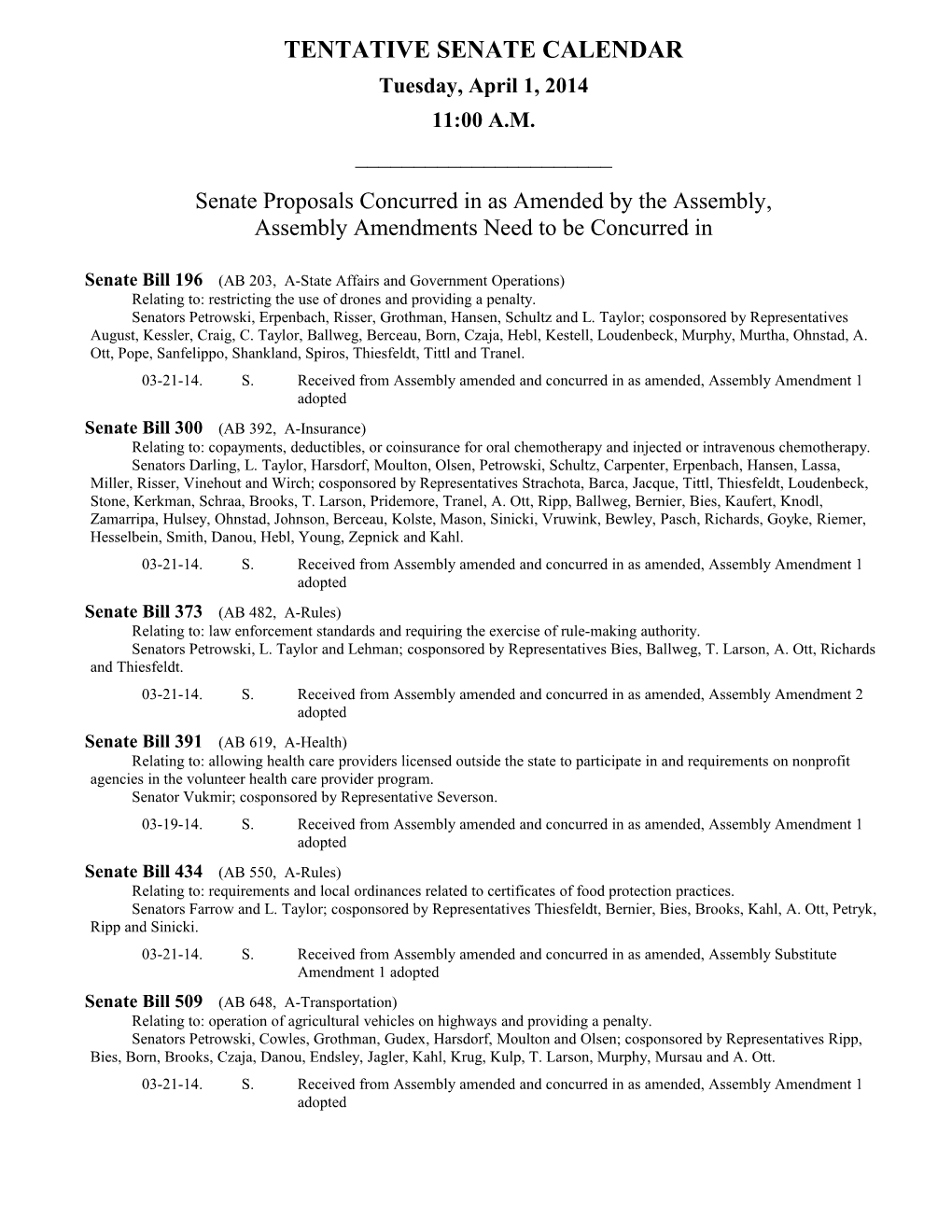 Tentative Senate Calendar, Tuesday, April 1, 20141