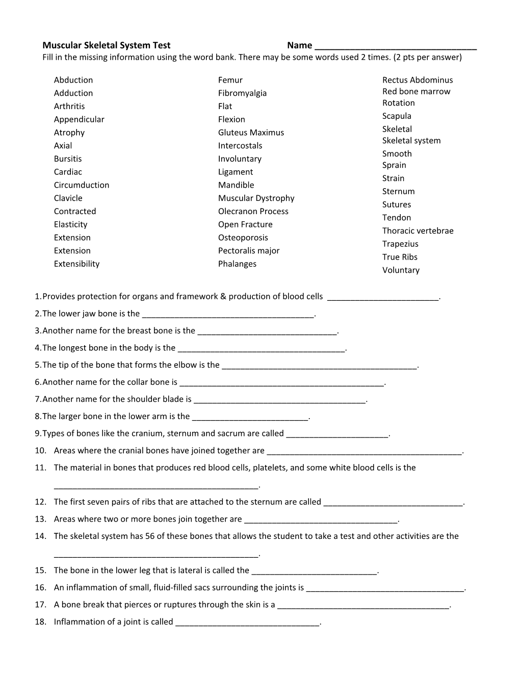 Muscular Skeletal System Test