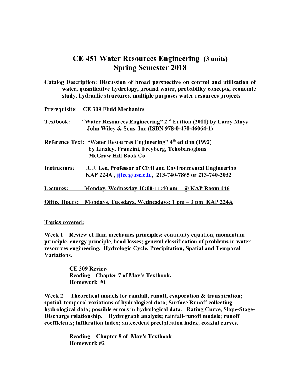 CE 451 Water Resources Engineering (3 Units)