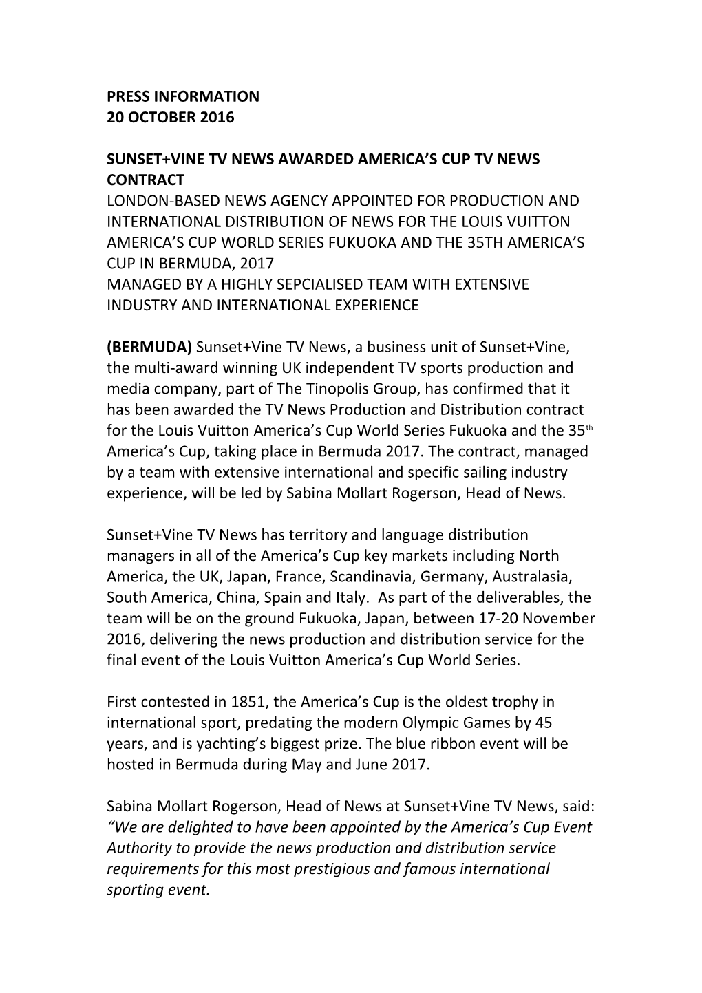 Sunset+Vine Tv News Awarded America S Cup Tv News Contract