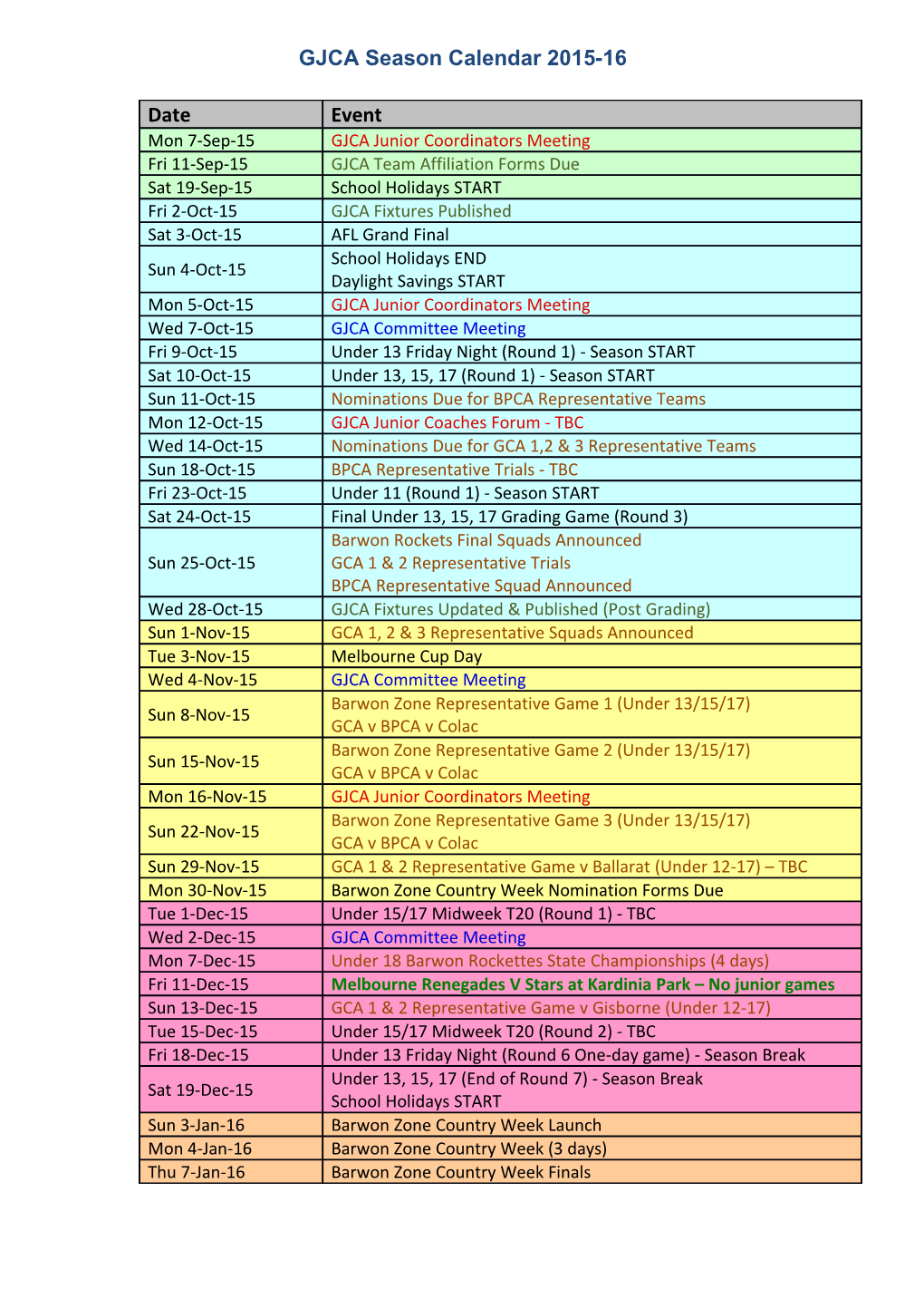 GJCA Season Calendar 2015-16