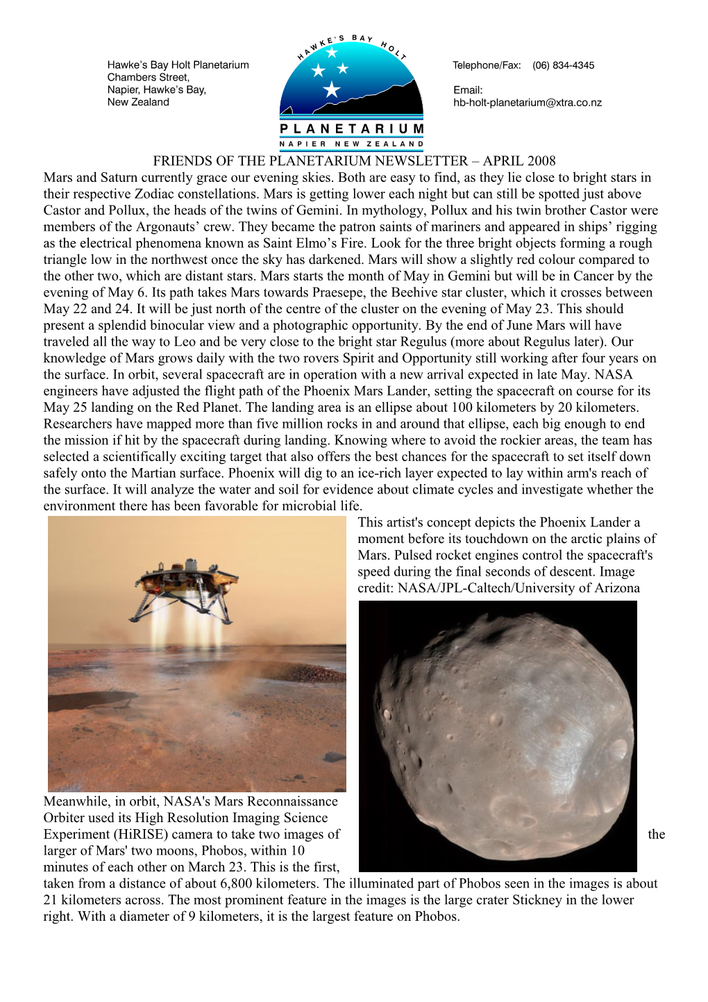 Friends of the Planetarium Newsletter April 2008