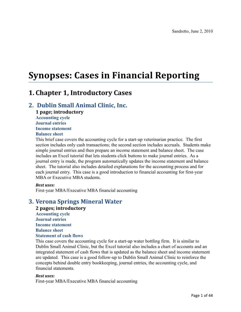Synopses: Cases in Financial Reporting