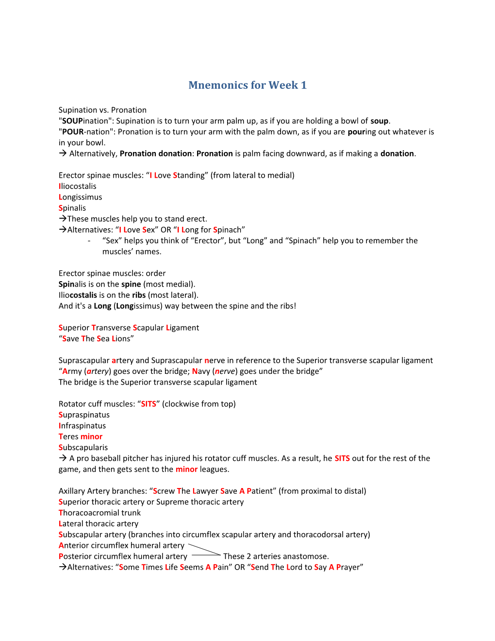 Mnemonics for Week 1