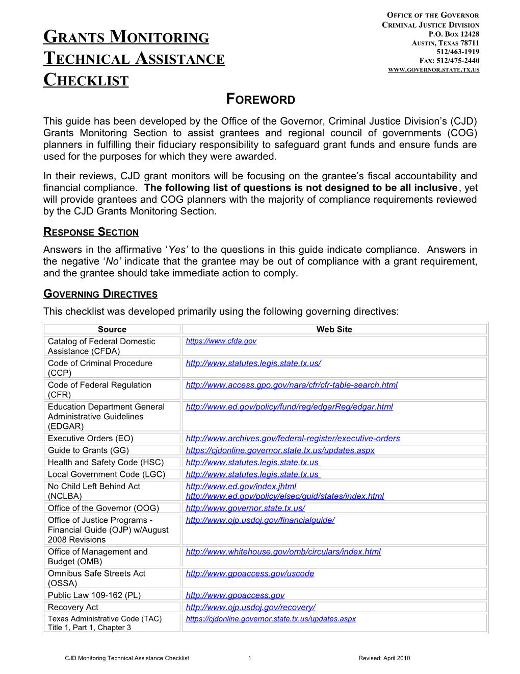 Grants Monitoring Technical Assistance Checklist