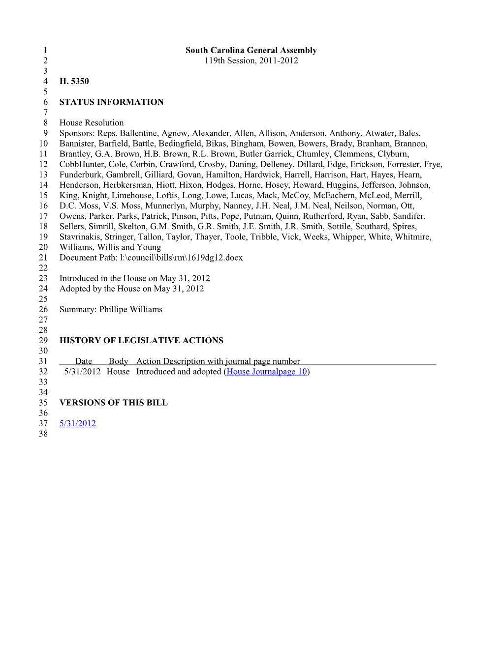 2011-2012 Bill 5350: Phillipe Williams - South Carolina Legislature Online