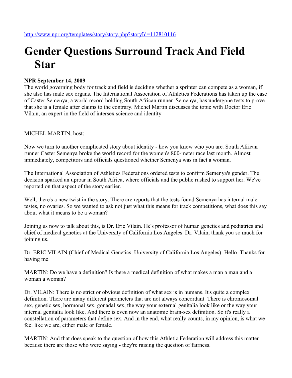 Gender Questions Surround Track and Field Star