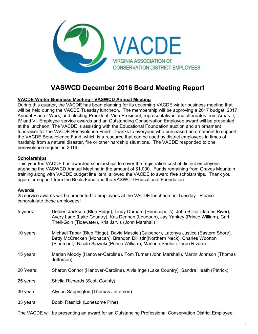 VACDE Winter Business Meeting - VASWCD Annual Meeting