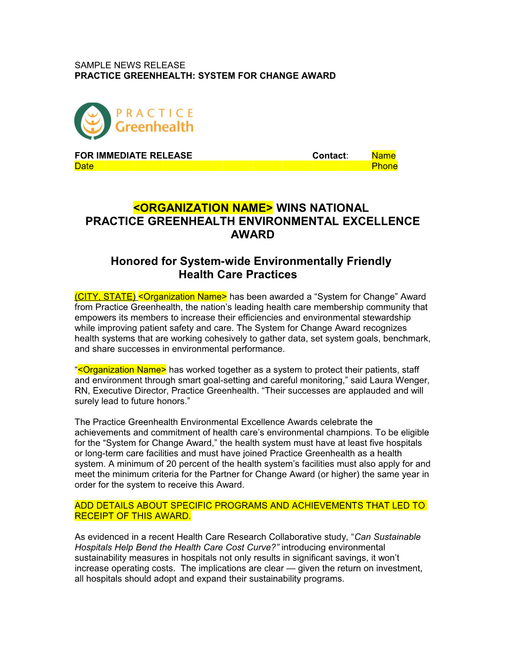 Sample News Release Practice Greenhealth: System for Change Award