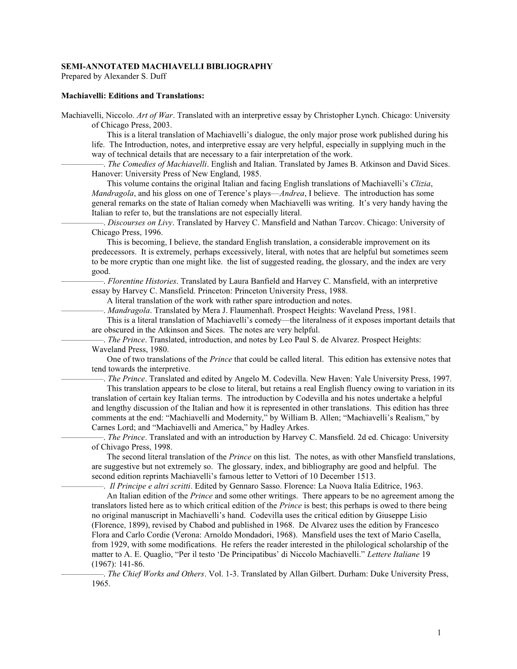 Semi-Annotated Machiavelli Bibliography