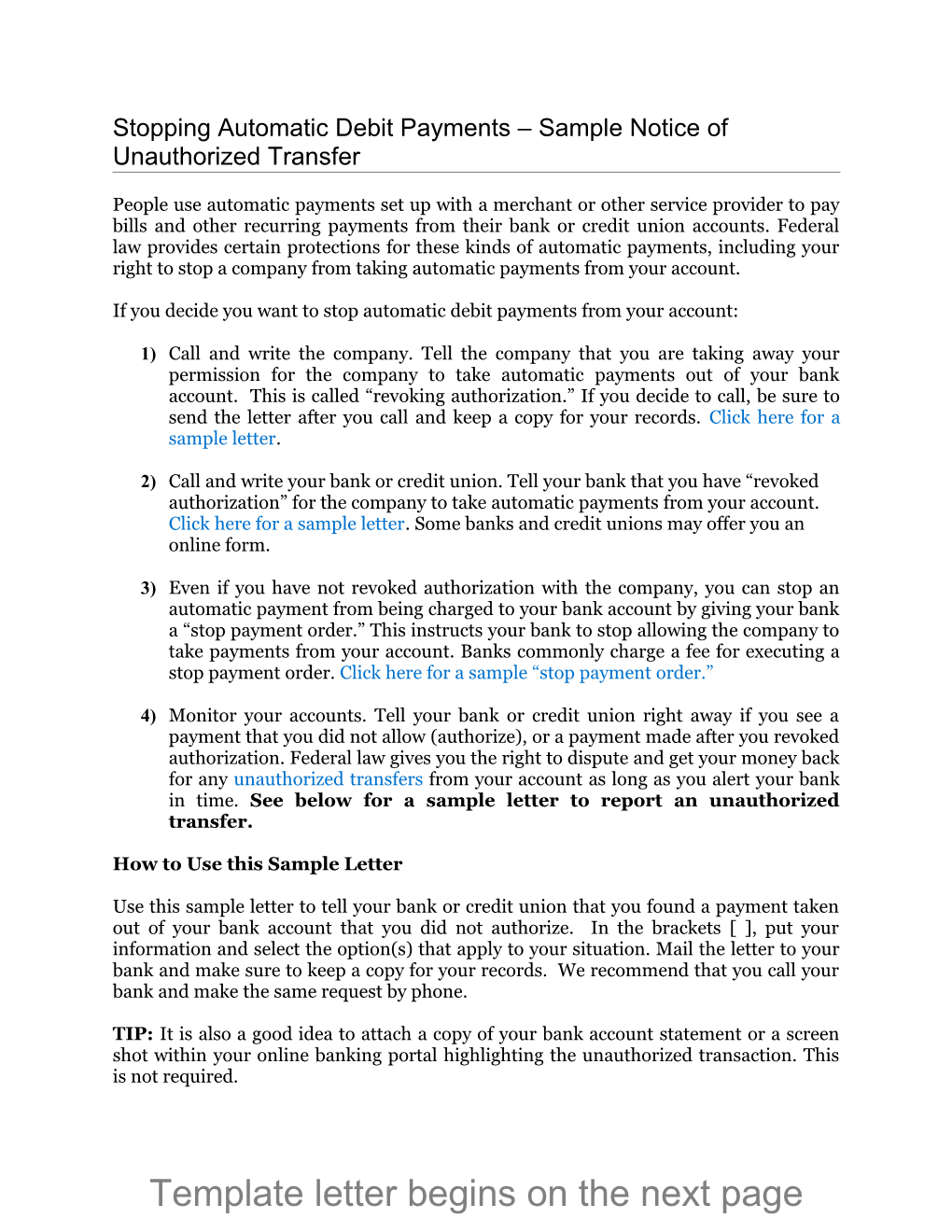 Stopping Automatic Debit Payments Sample Notice of Unauthorized Transfer