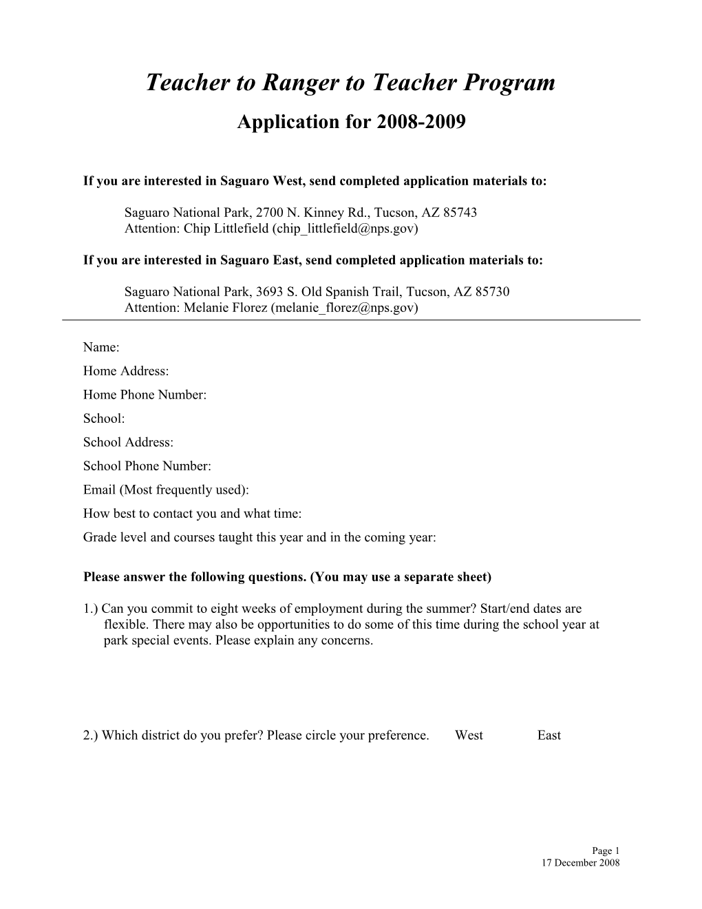 Application for the Teacher to Ranger to Teacher Program