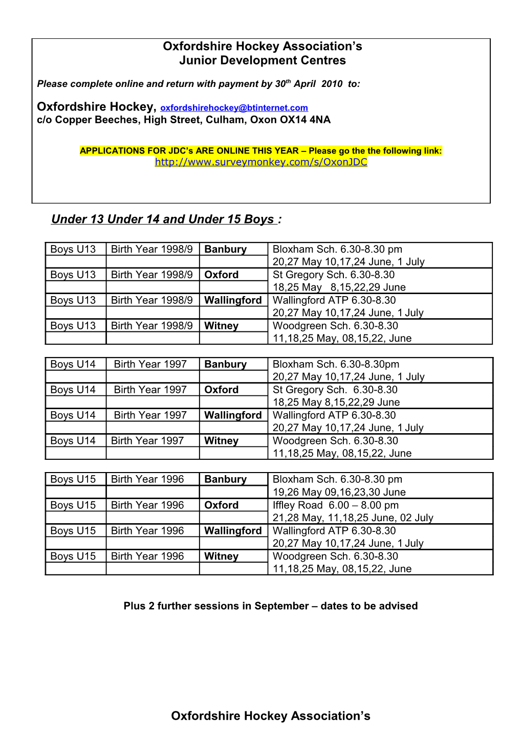 School/Club Nominations for Oxfordshire Hockey Association S Under 13 and Under 14 Player