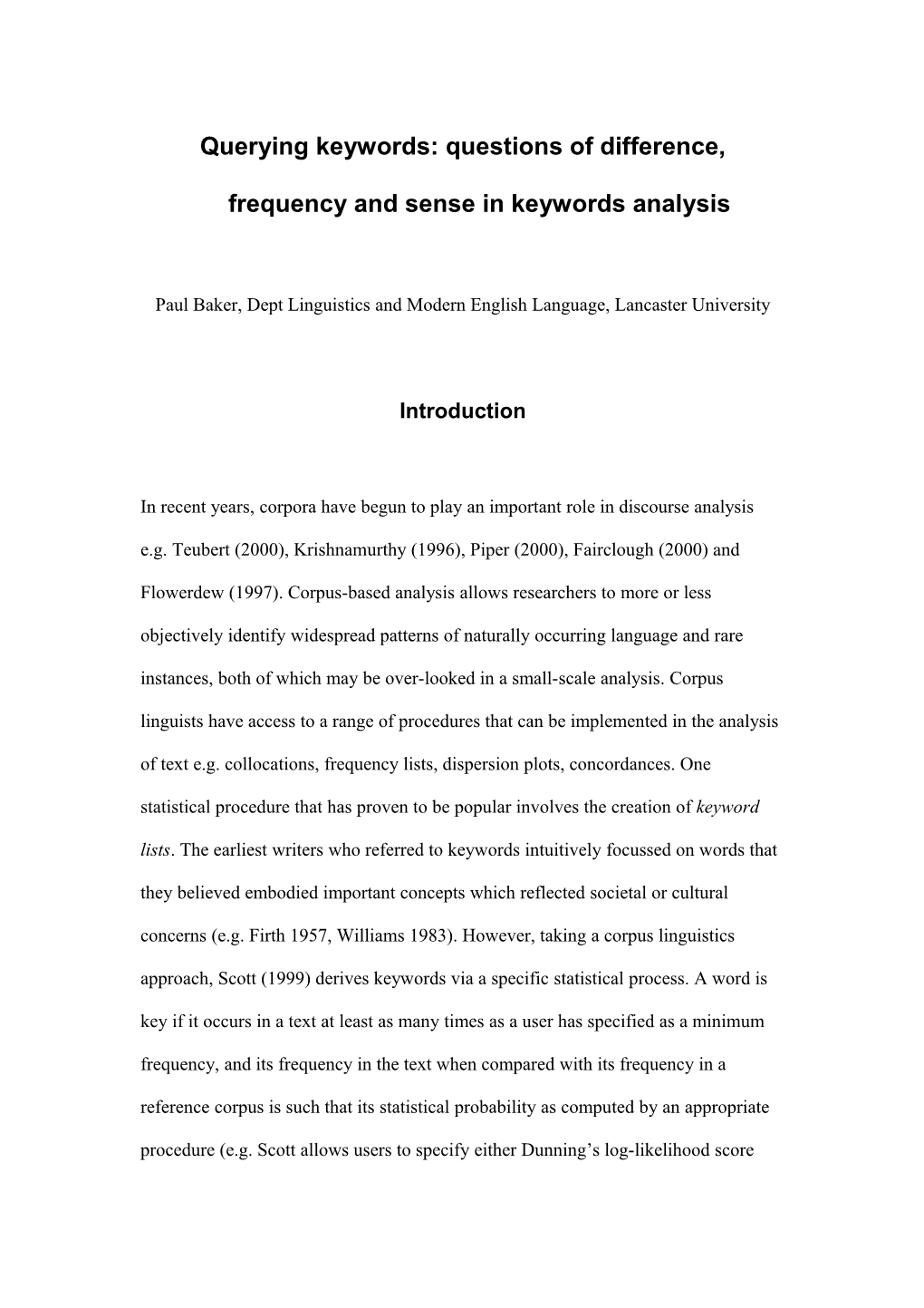 Querying Keywords: Questions of Sense, Frequency and Difference in Keywords Analyses