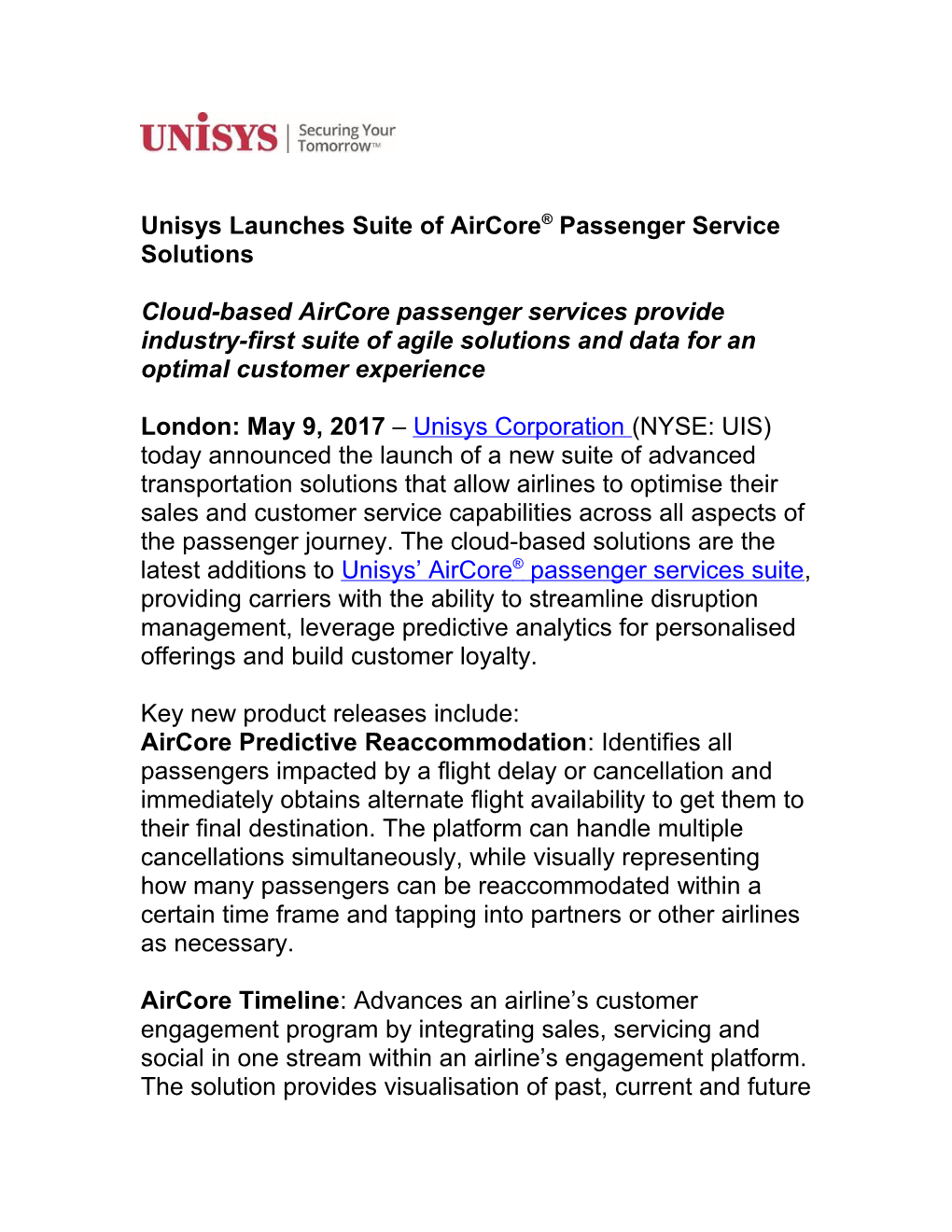 Unisys Launches Suite of Aircore Passenger Service Solutions