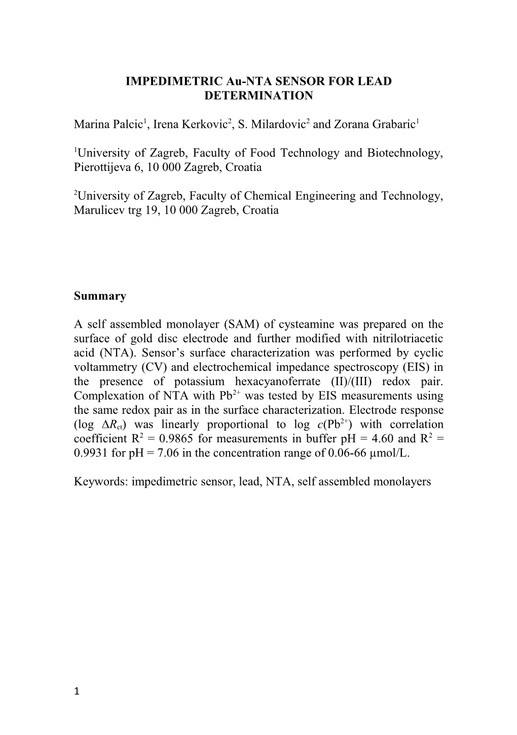 IMPEDIMETRIC Au-NTA SENSOR for LEAD DETERMINATION