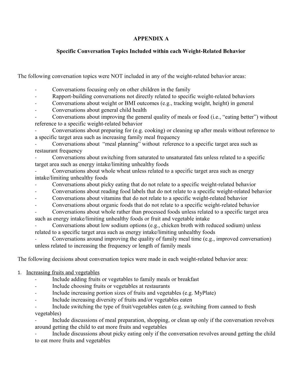 Specific Conversationtopics Included Within Each Weight-Related Behavior