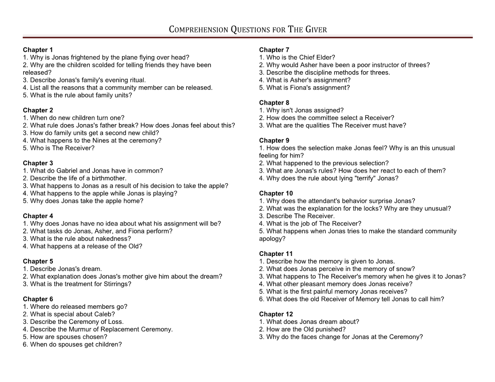 Comprehension Questions for the Giver