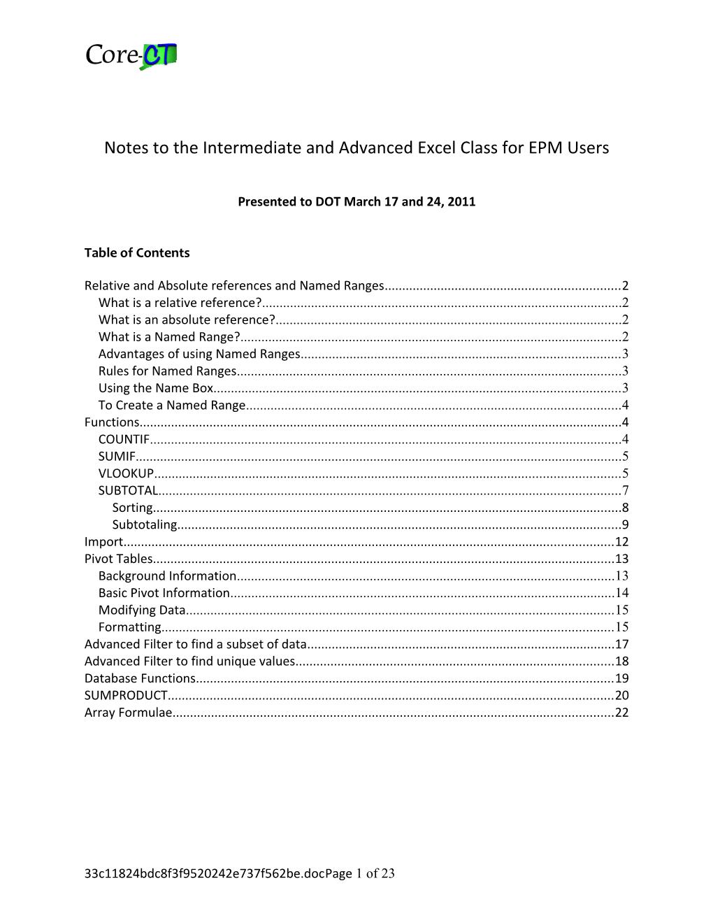 Notes to the Intermediate and Advanced Excel Class for EPM Users