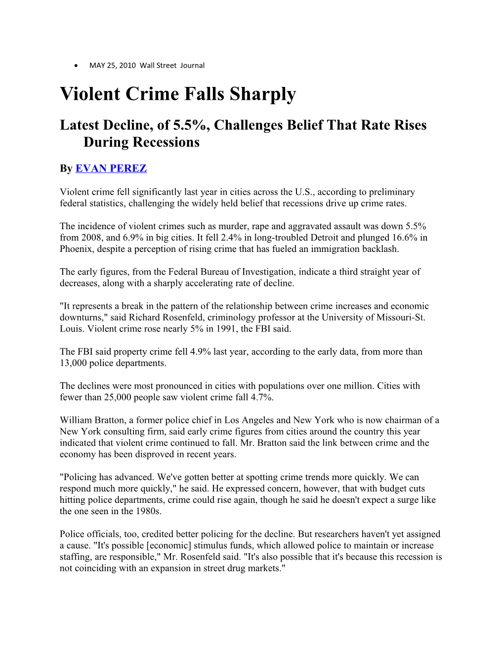 Violent Crime Falls Sharply