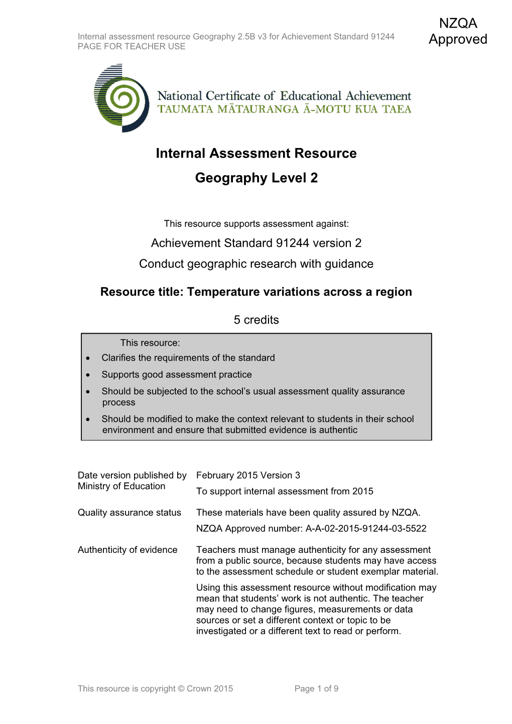 Level 2 Geography Internal Assessment Resource