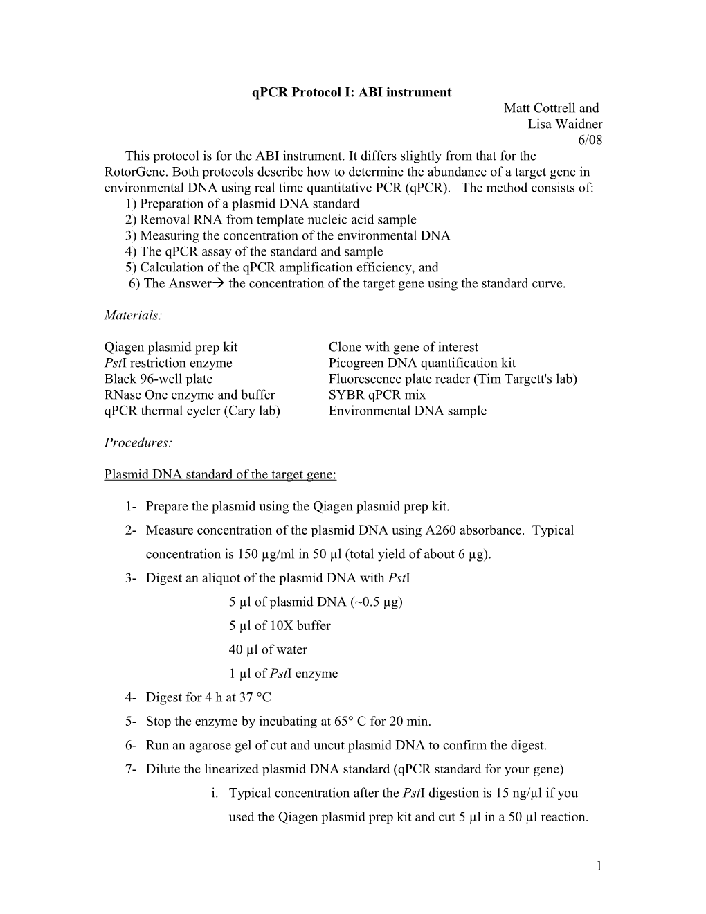 Qpcr Protocol I: ABI Instrument