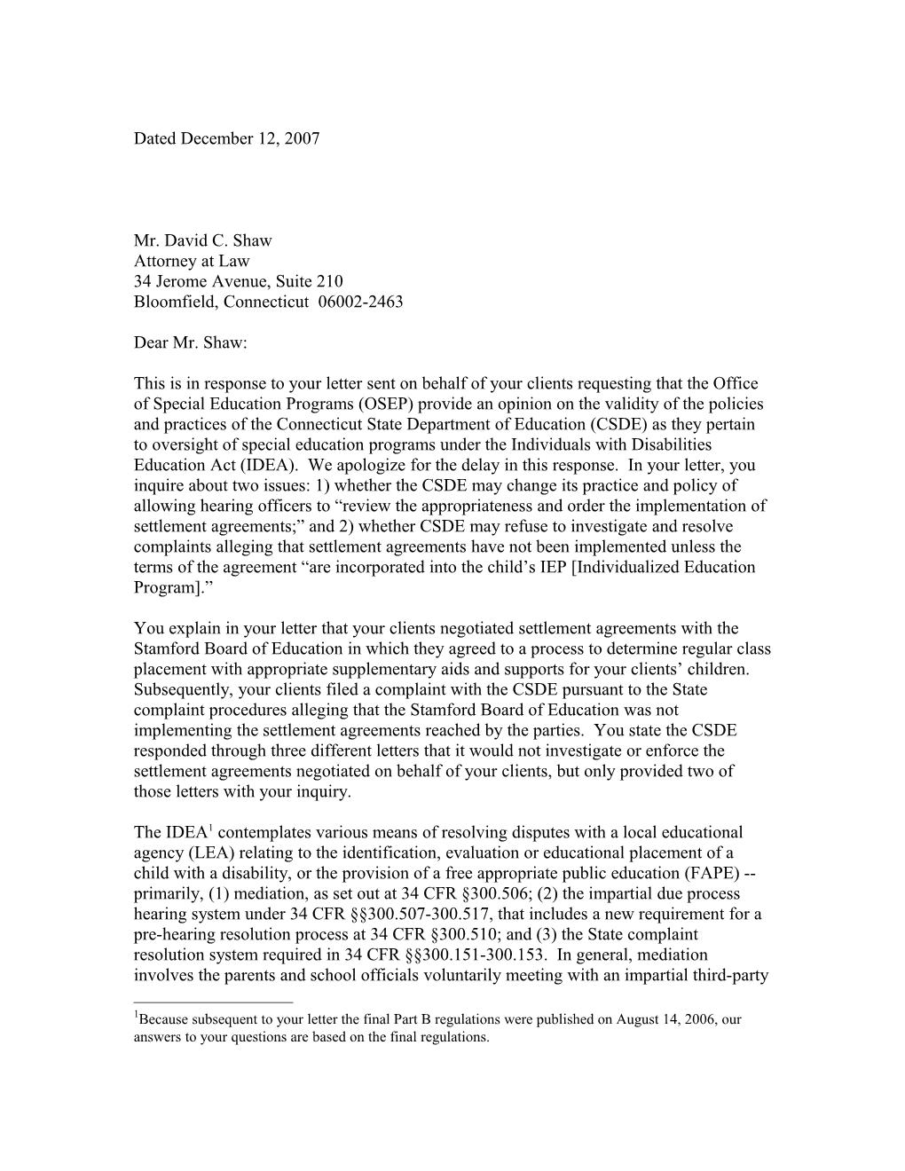 Shaw Letter Dated 12/12/07 Re: Impartial Due Process Hearing (MS Word)