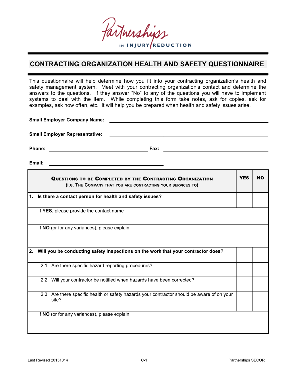 Contracting Organization Health and Safety Questionnaire