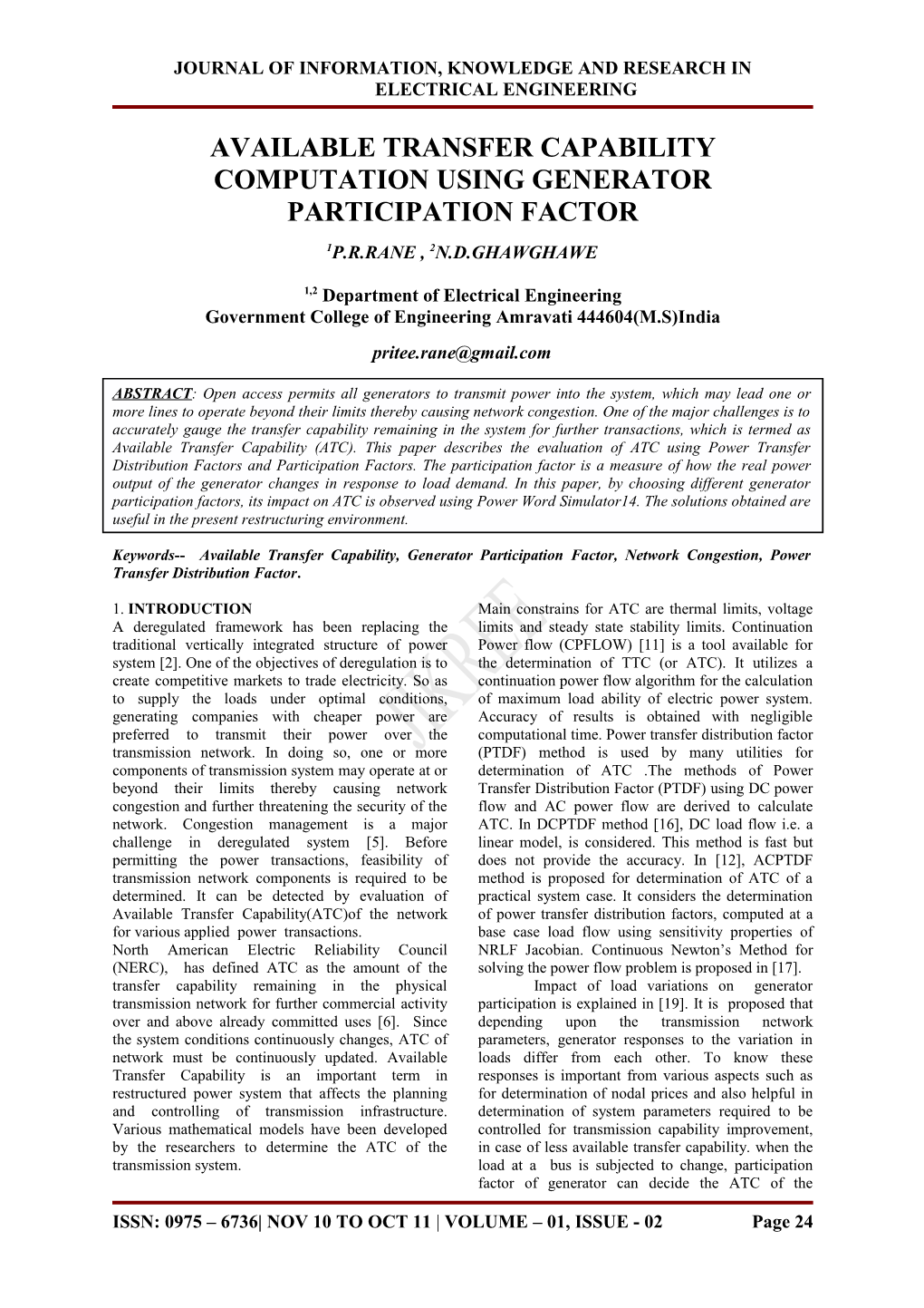 Available Transfer Capability Computation Using Generator Participation Factor