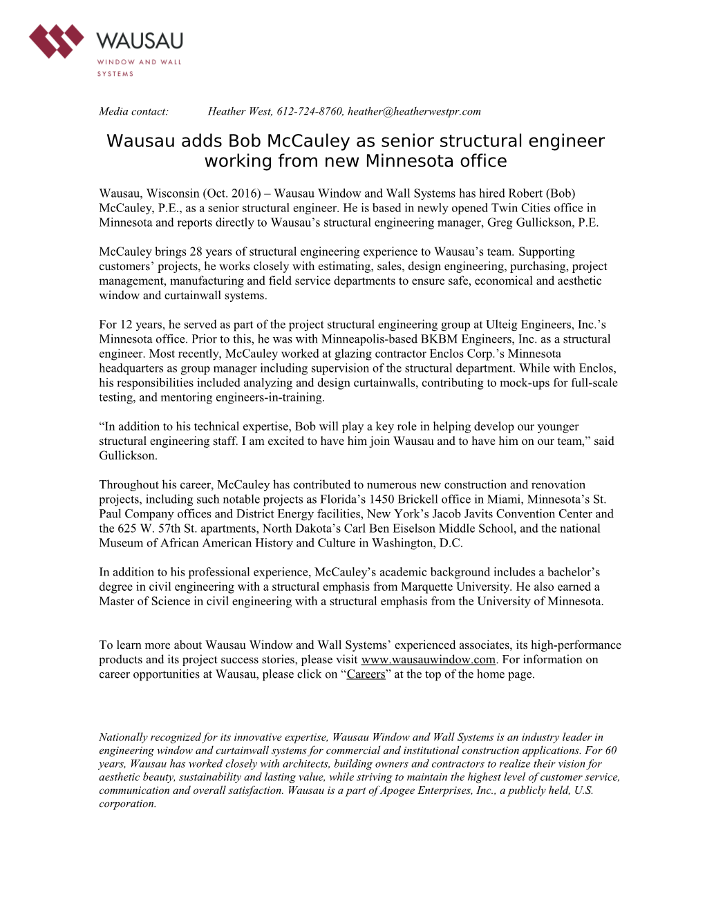 Wausau Adds Bob Mccauley As Senior Structural Engineer