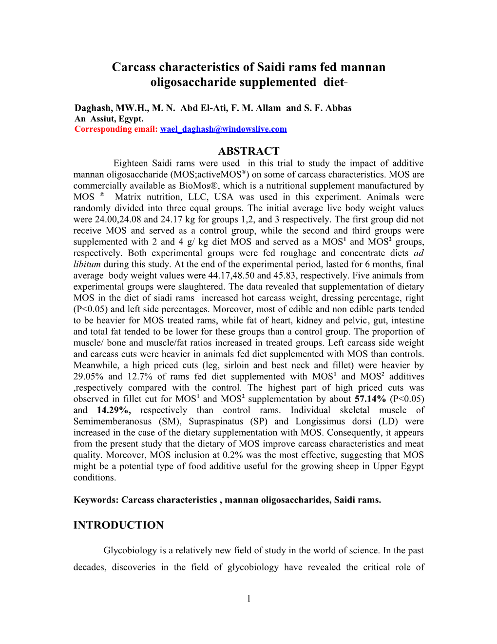 Carcass Characteristics of Saidi Rams Fed Mannan Oligosaccharidesupplemented Diet