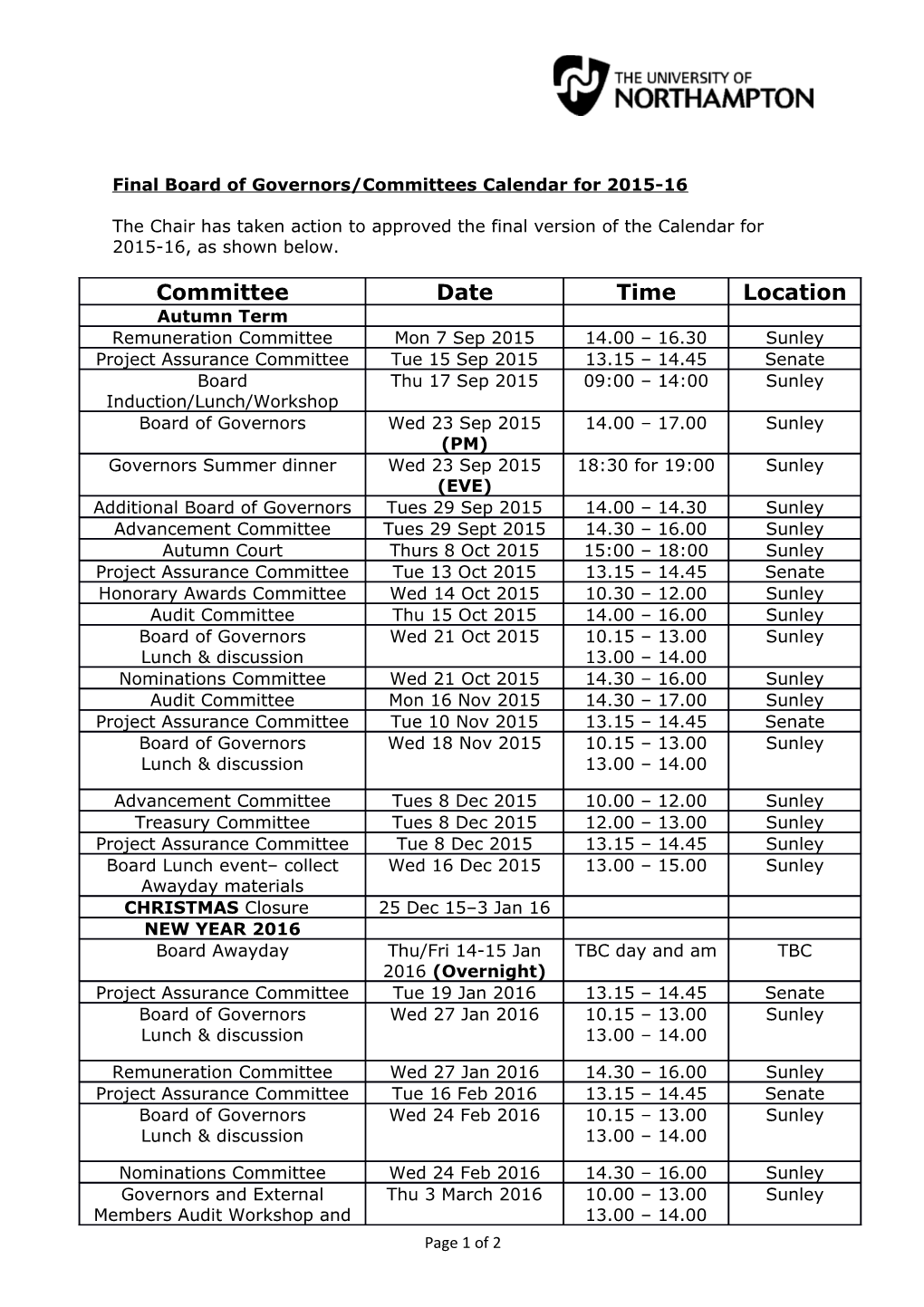 Board of Governors Public Schedule and Dates 2015-16