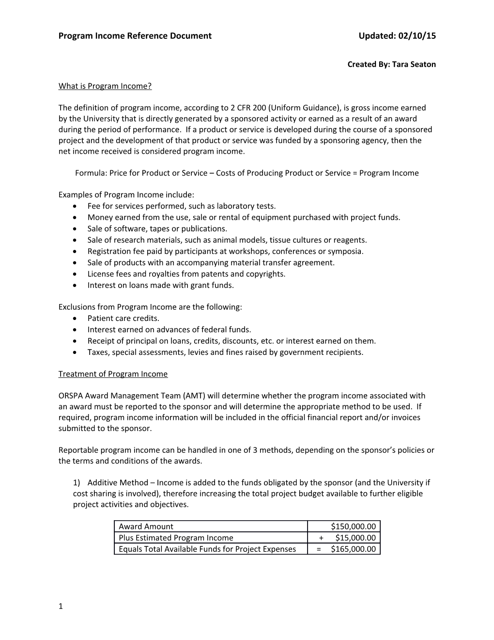 Program Income Reference Documentupdated: 02/10/15