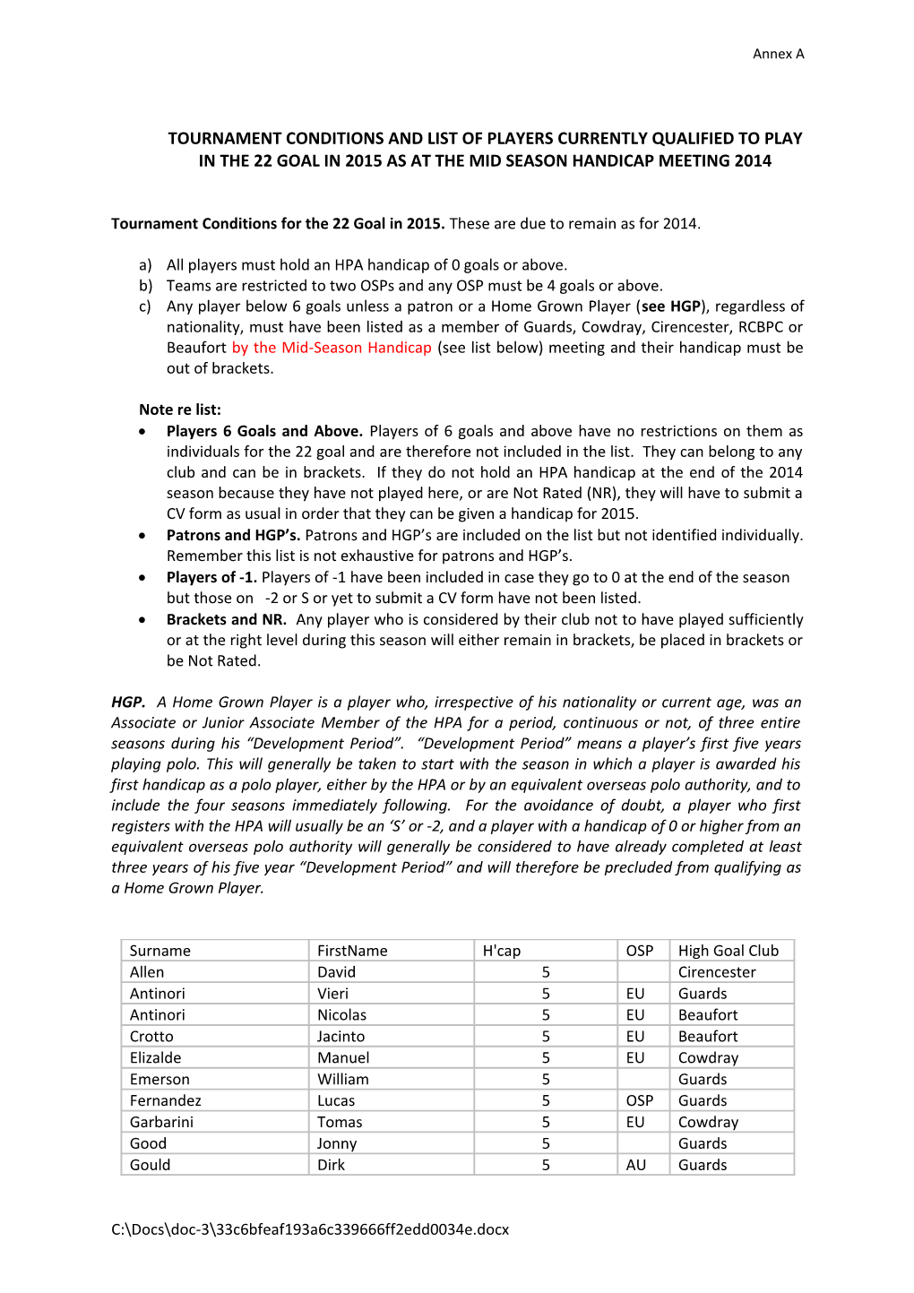 Tournament Conditions for the 22 Goal in 2015. These Are Due to Remain As for 2014