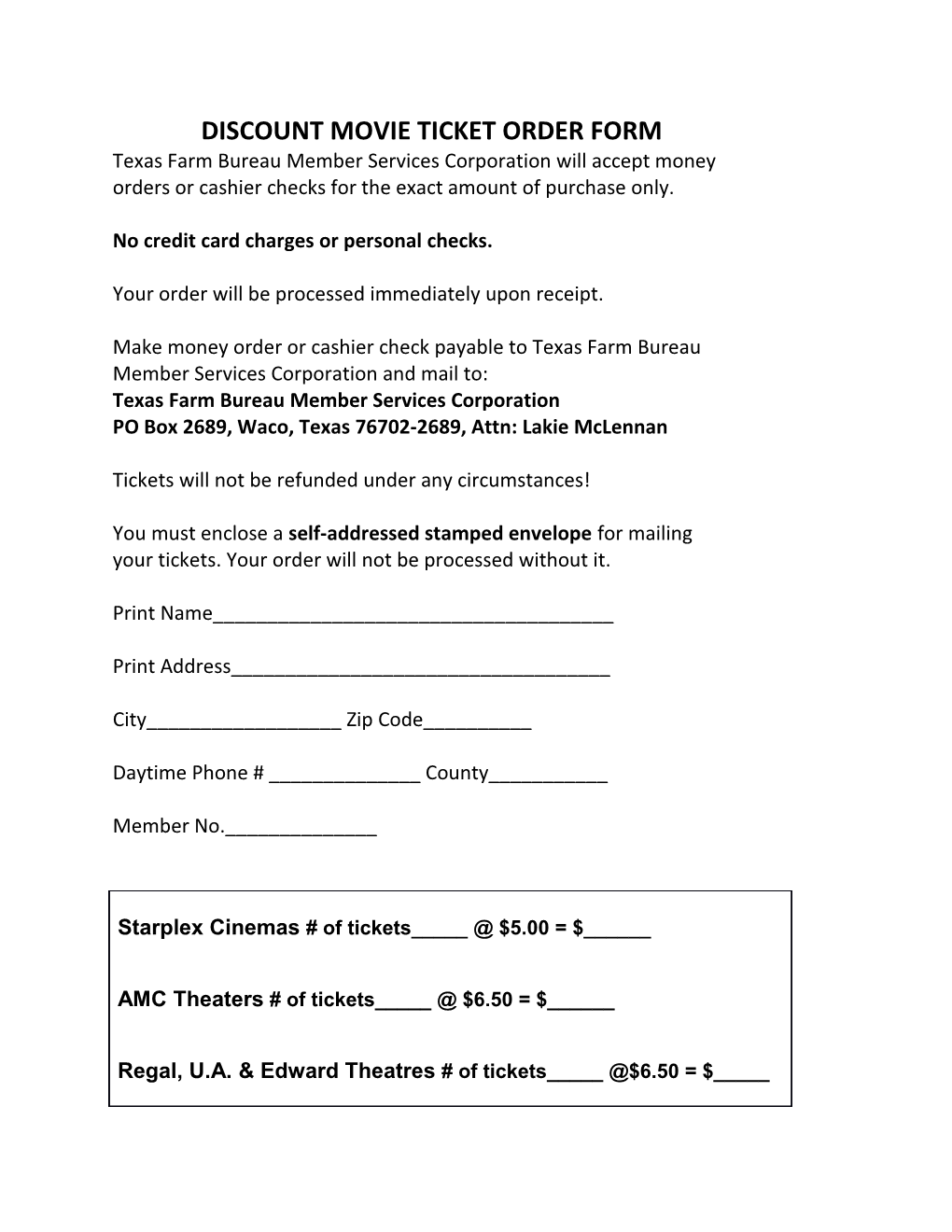 Discount Movie Ticket Order Form