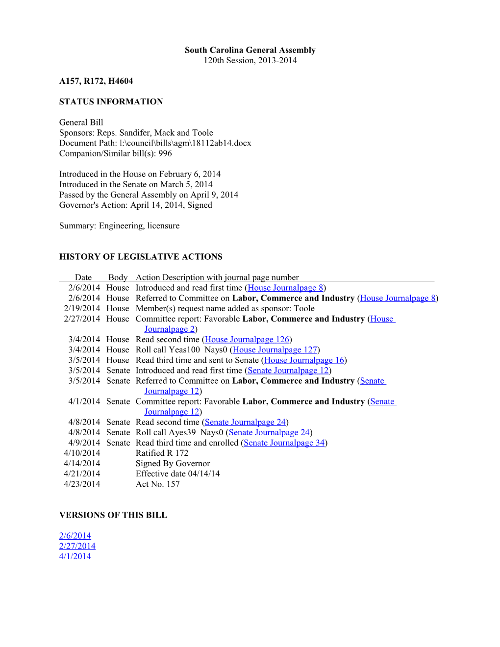 2013-2014 Bill 4604: Engineering, Licensure - South Carolina Legislature Online