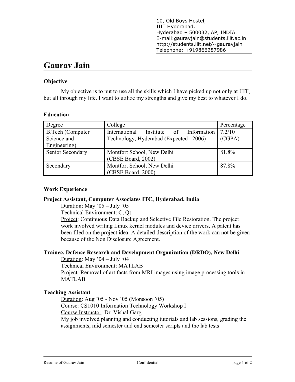 Resume of Gaurav Jain