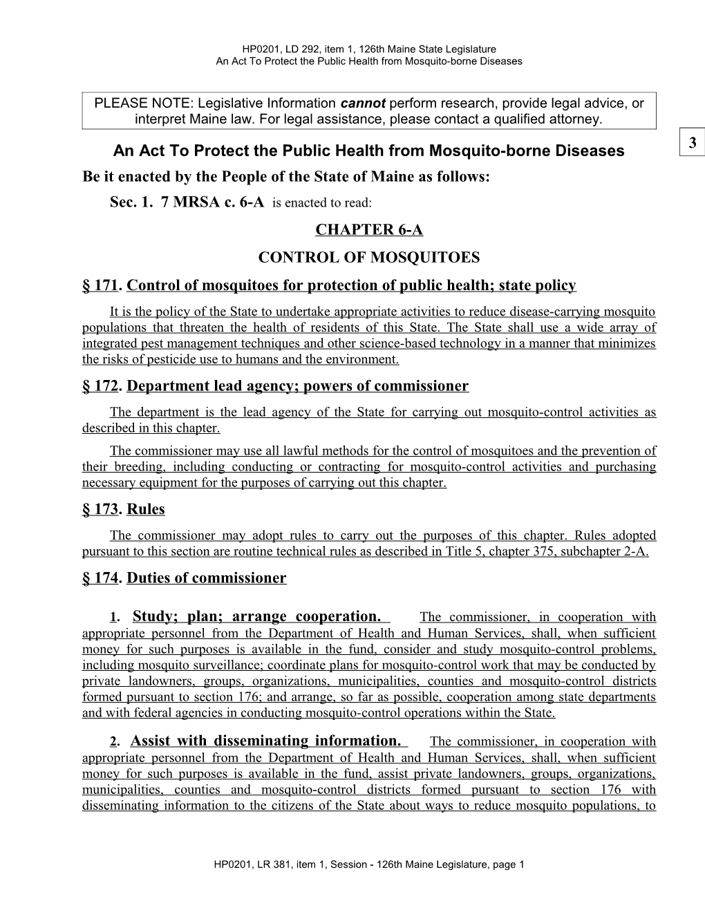 HP0201, LD 292, Item 1, 126Th Maine State Legislature