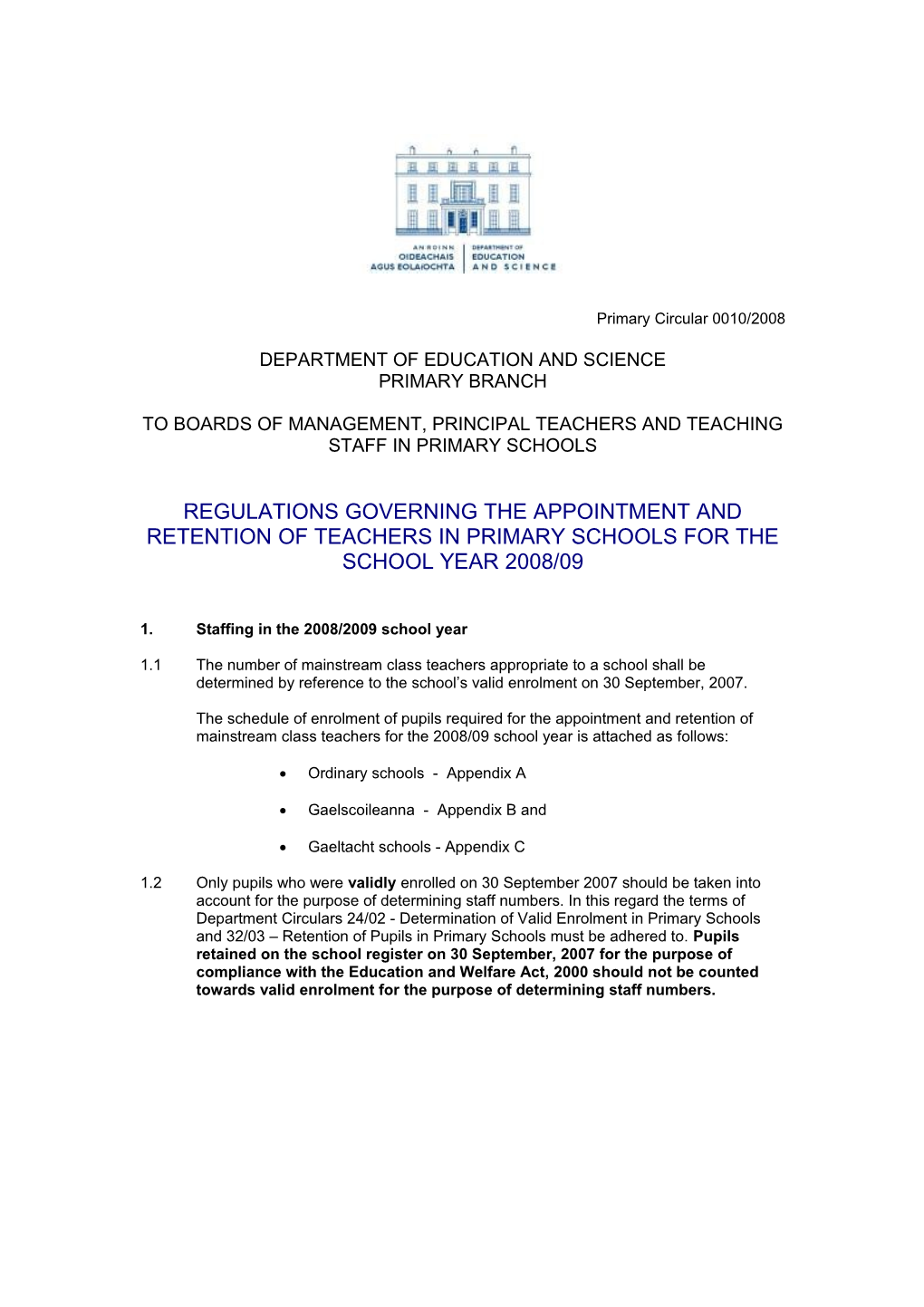 Circular 0010/2008 - Regulations Governing the Appointment and Retention of Teachers In